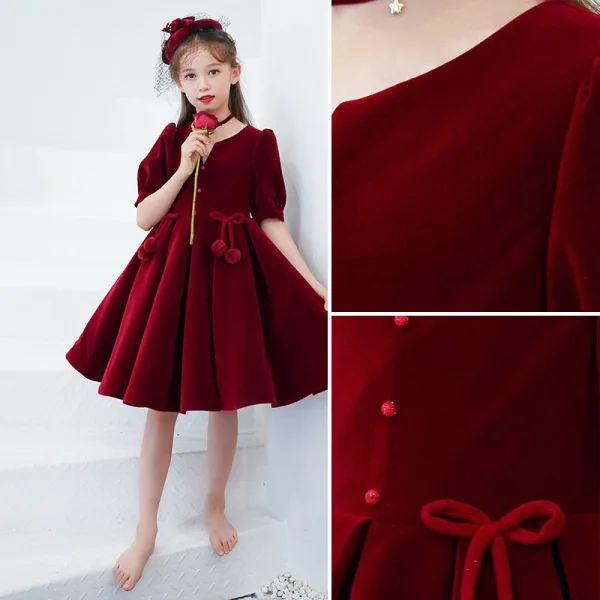 Chic / Beautiful Burgundy Suede Birthday Flower Girl Dresses 2022 A-Line / Princess V-Neck Short Sleeve Knee-Length Flower Girl Dresses