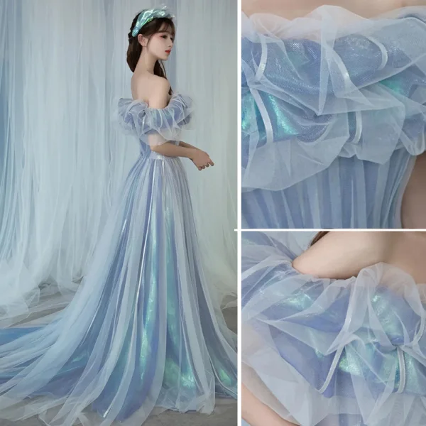 Illusion Sky Blue Cinderella Prom Dresses 2021 A-Line / Princess Off-The-Shoulder Short Sleeve Backless Sweep Train Formal Dresses
