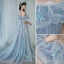 Illusion Sky Blue Cinderella Prom Dresses 2021 A-Line / Princess Off-The-Shoulder Short Sleeve Backless Sweep Train Formal Dresses
