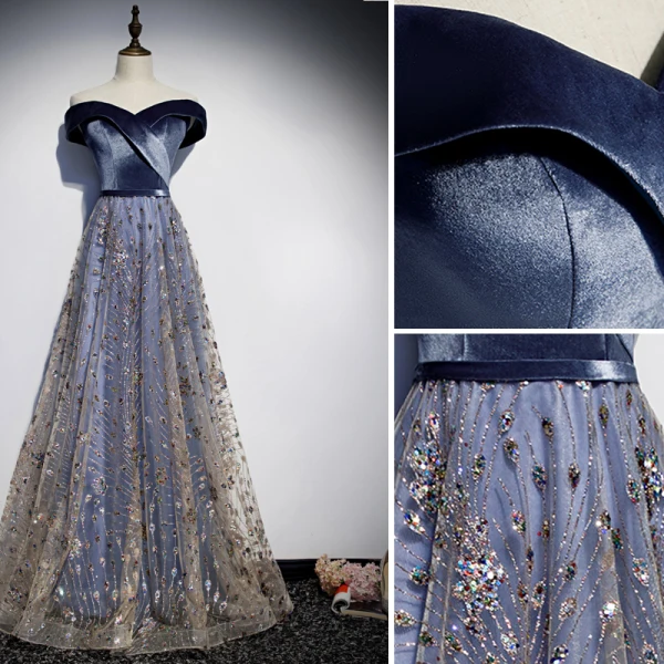 Charmant Marineblau Abendkleider 2019 A Linie Off Shoulder Glanz Tülle Pailletten Ärmellos Rückenfreies Lange Festliche Kleider