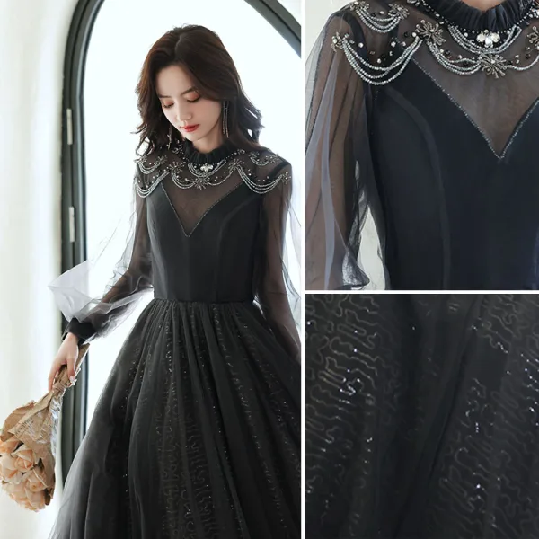 Chic / Belle Noire Perlage Faux Diamant Paillettes Robe De Bal 2022 Princesse Encolure Dégagée Manches Longues Dos Nu Longue Robe De Ceremonie