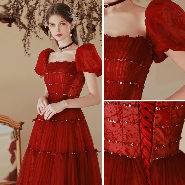 Fashion Burgundy Sequins Prom Dresses 2022 A-Line / Princess Square Neckline Puffy Short Sleeve Backless Bow Floor-Length / Long Formal Dresses