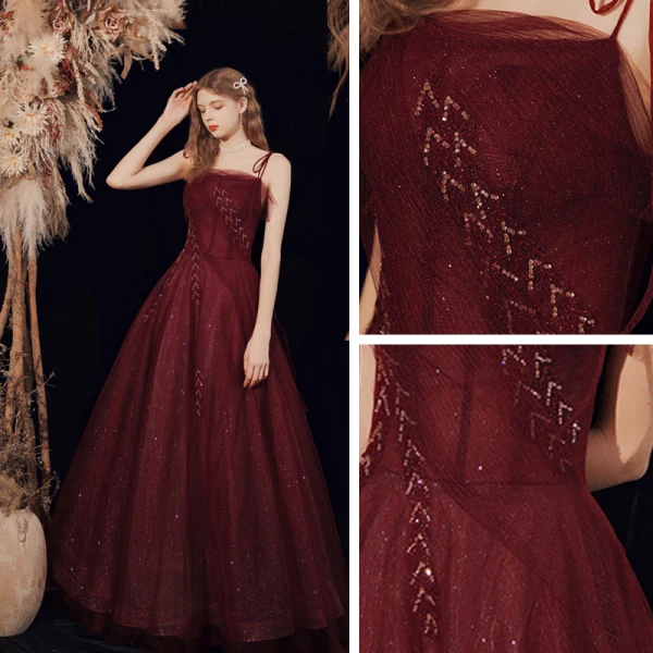 Sexy Burgundy Evening Dresses 2021 Beading Sequins Tulle Spaghetti Straps Sleeveless Backless A-Line / Princess Floor-Length / Long Evening Party Formal Dresses