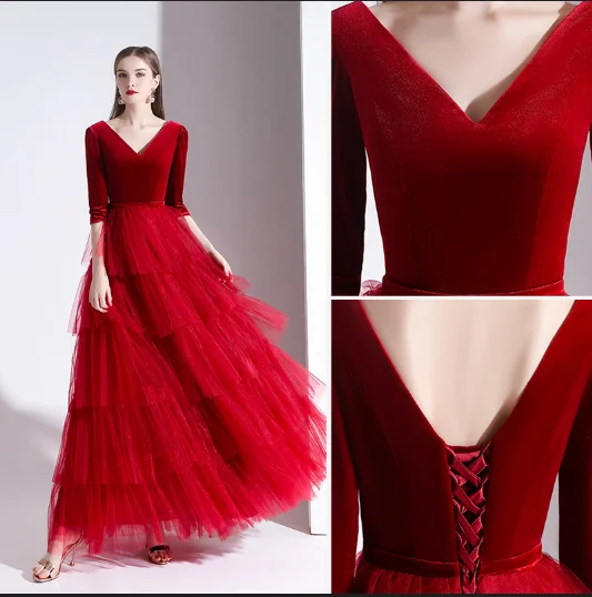 Charmant Rouge Robe De Soirée 2020 Princesse Daim V-Cou 1/2 Manches Dos Nu Longue Robe De Ceremonie