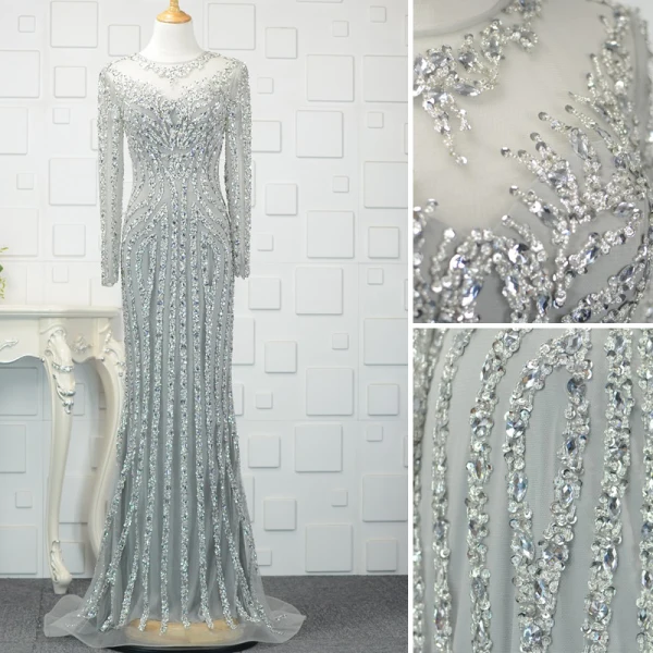 Luxury / Gorgeous Champagne Handmade Beading Evening Dresses 2019 Trumpet / Mermaid Crystal Sequins Scoop Neck Long Sleeve Sweep Train Formal Dresses