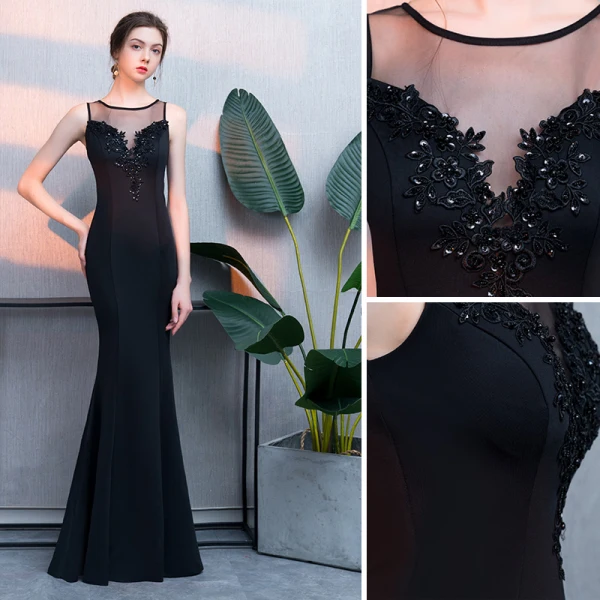 Moderne / Mode Noire Robe De Soirée 2019 Trompette / Sirène En Dentelle Perlage Paillettes Encolure Dégagée Sans Manches Longue Robe De Ceremonie