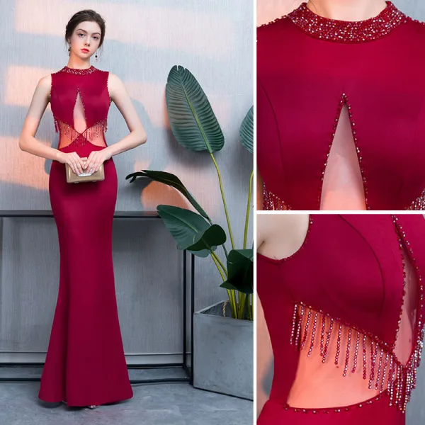 Chic / Beautiful Burgundy Evening Dresses 2018 Trumpet / Mermaid Beading Crystal Tassel Scoop Neck Sleeveless Floor-Length / Long Formal Dresses