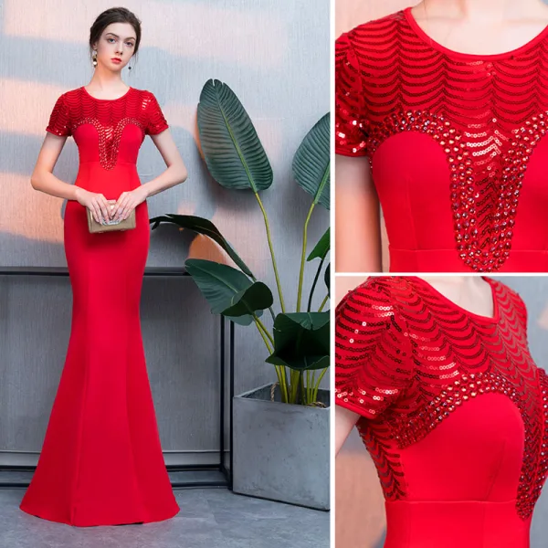 Chic / Belle Rouge Robe De Soirée 2019 Trompette / Sirène Cristal Paillettes Encolure Dégagée Longue Manches Courtes Robe De Ceremonie