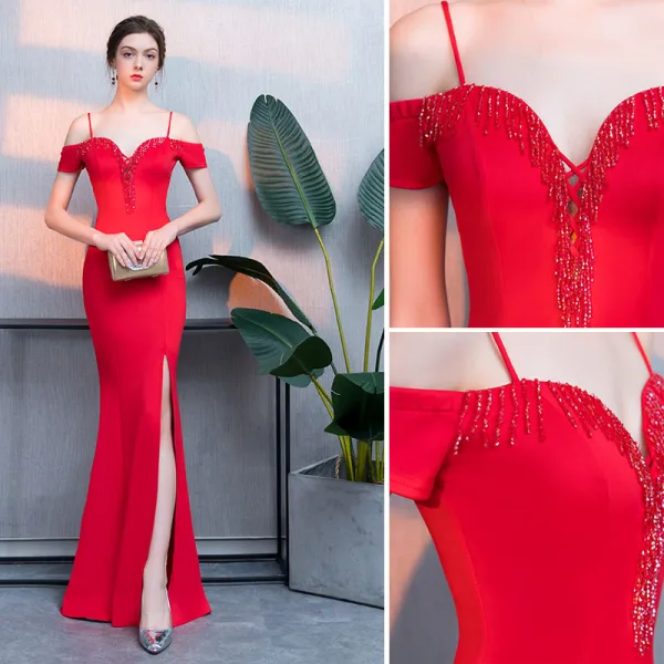 Chic / Belle Rouge Robe De Soirée 2019 Trompette / Sirène Perlage Gland Fendue devant Bretelles Spaghetti Dos Nu Manches Courtes Longue Robe De Ceremonie