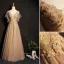 Elegant Champagne Prom Dresses 2019 A-Line / Princess Lace Appliques Beading Crystal V-Neck Short Sleeve Backless Floor-Length / Long Formal Dresses