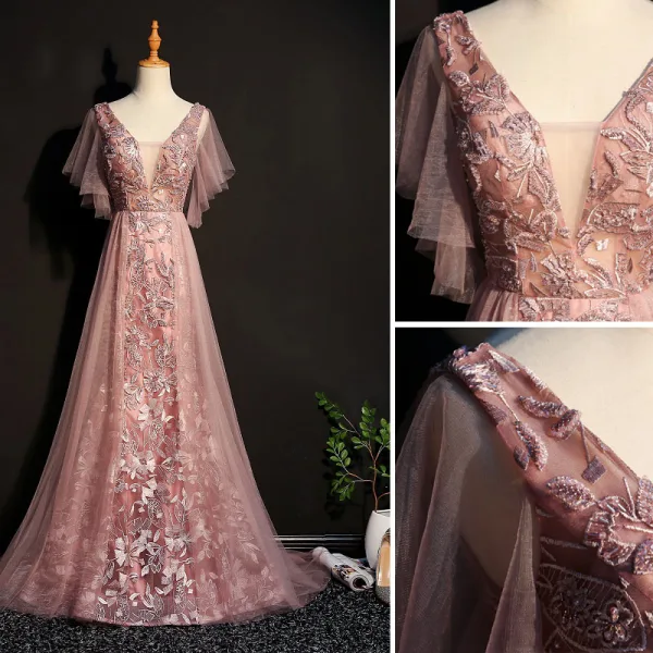 Elegant Pearl Pink Evening Dresses 2019 A-Line / Princess Lace Beading Crystal V-Neck Short Sleeve Backless Sweep Train Formal Dresses