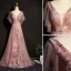 Elegant Pearl Pink Evening Dresses  2019 A-Line / Princess Lace Beading Crystal V-Neck Short Sleeve Backless Sweep Train Formal Dresses
