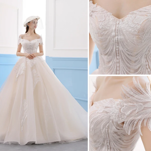 Élégant Champagne Robe De Mariée 2019 Princesse En Dentelle De l'épaule Manches Courtes Dos Nu Royal Train