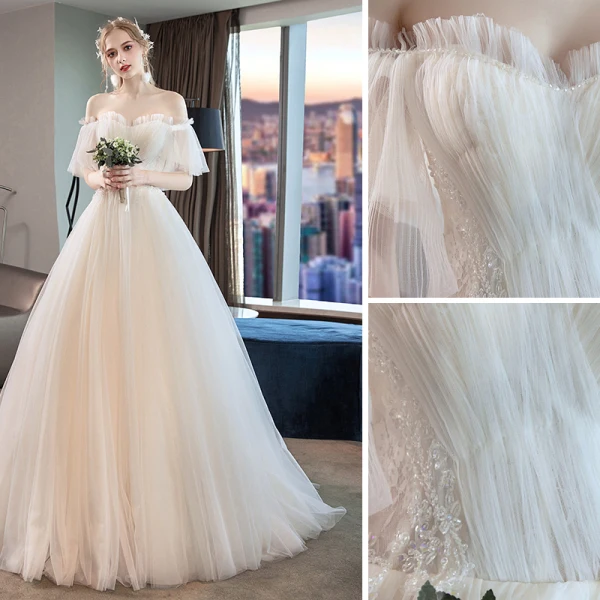 Elegant Ivory Wedding Dresses 2019 A-Line / Princess Pleated Lace Beading Crystal Off-The-Shoulder Short Sleeve Backless Court Train