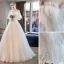 Elegant Ivory Wedding Dresses 2019 A-Line / Princess Pleated Lace Beading Crystal Off-The-Shoulder Short Sleeve Backless Court Train