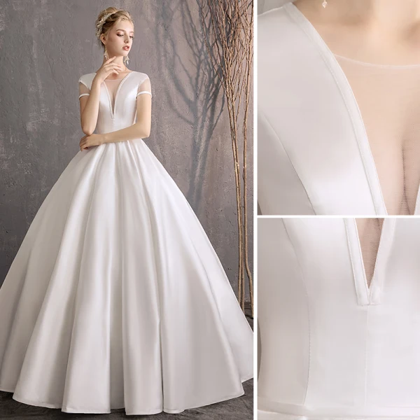 Modest / Simple Ivory Wedding Dresses 2019 Ball Gown Scoop Neck Short Sleeve Backless Floor-Length / Long