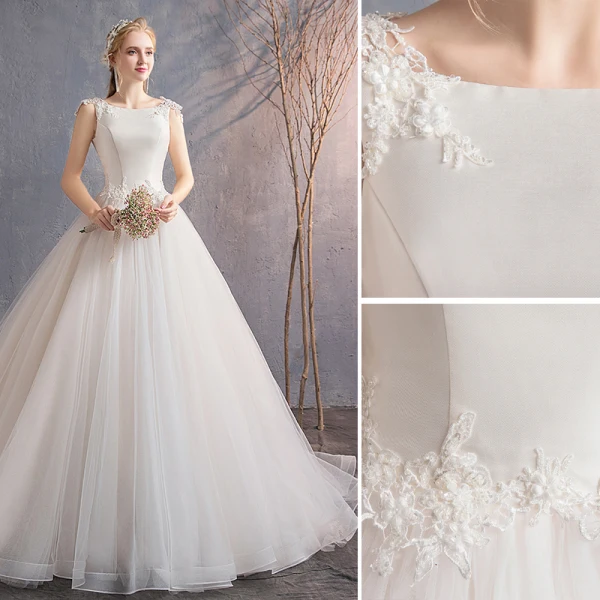 Elegant Ivory Wedding Dresses 2019 A-Line / Princess Lace Appliques Beading Sequins Scoop Neck Sleeveless Backless Court Train