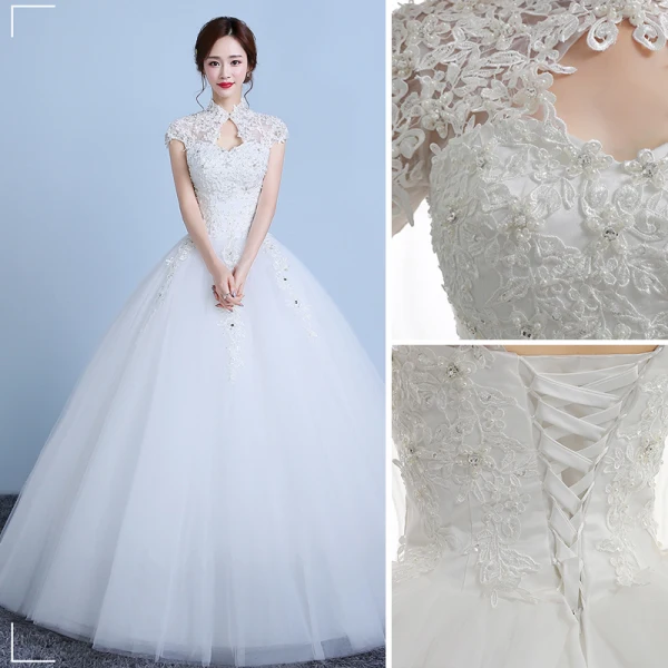 Elegant White Wedding Dresses 2019 Ball Gown Lace Flower Pearl Sequins High Neck Short Sleeve Backless Cathedral Train