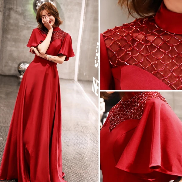 Chic / Beautiful Burgundy Evening Dresses  2019 A-Line / Princess Crystal High Neck Short Sleeve Backless Floor-Length / Long Formal Dresses