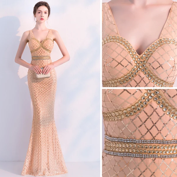 Scintillantes Champagne Robe De Soirée 2019 Trompette / Sirène Cristal Paillettes V-Cou Sans Manches Dos Nu Longue Robe De Ceremonie