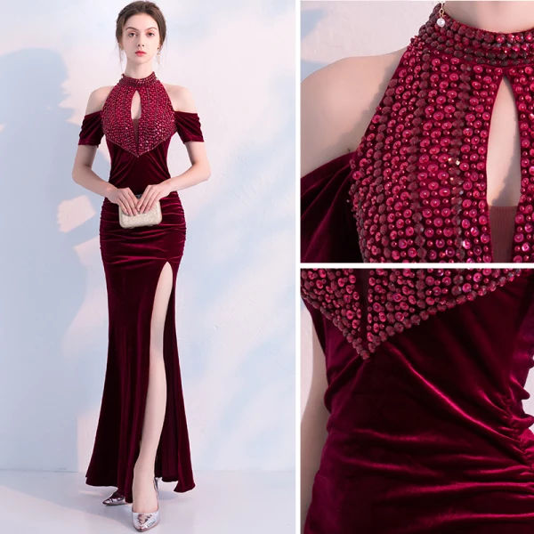 Charmant Bordeaux Robe De Soirée 2019 Trompette / Sirène Daim Perlage Cristal Paillettes Encolure Dégagée Manches Courtes Dos Nu Longueur Cheville Robe De Ceremonie