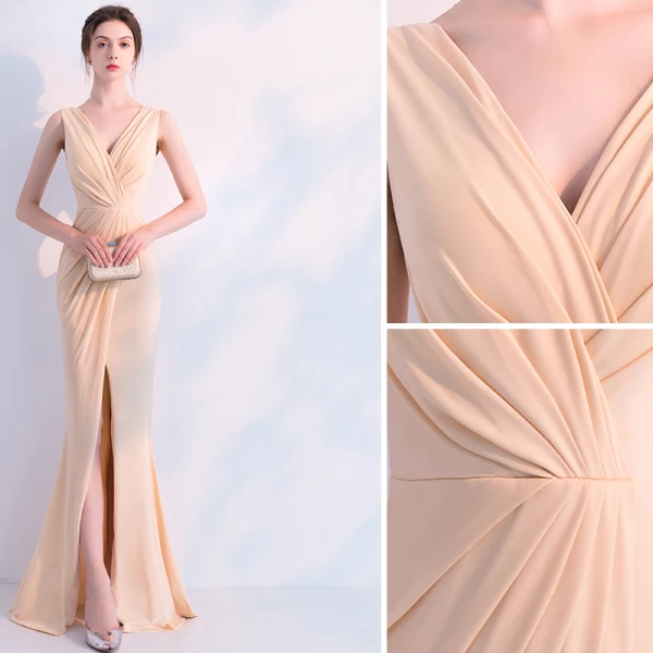 Chic / Beautiful Champagne Evening Dresses 2019 Trumpet / Mermaid V-Neck Sleeveless Backless Floor-Length / Long Formal Dresses