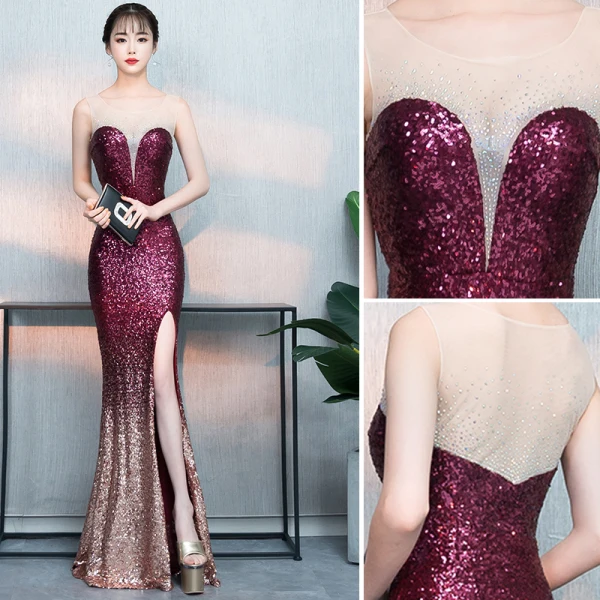 Scintillantes Dégradé De Couleur Robe De Soirée 2019 Trompette / Sirène Paillettes Encolure Dégagée Sans Manches Fendue devant Longue Robe De Ceremonie