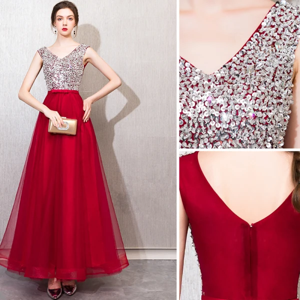 Chic / Beautiful Burgundy Evening Dresses 2019 A-Line / Princess Beading Sequins Bow V-Neck Backless Sleeveless Floor-Length / Long Formal Dresses