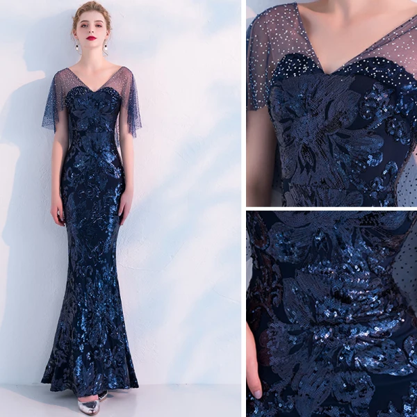 Scintillantes Bleu Marine Robe De Soirée 2019 Trompette / Sirène Paillettes Faux Diamant V-Cou Dos Nu Manches Courtes Longue Robe De Ceremonie