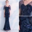 Scintillantes Bleu Marine Robe De Soirée 2019 Trompette / Sirène Paillettes Faux Diamant V-Cou Dos Nu Manches Courtes Longue Robe De Ceremonie