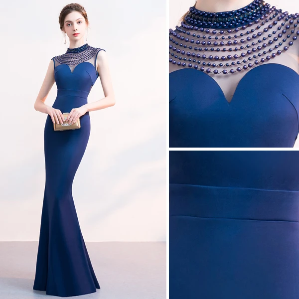 Chic / Belle Bleu Marine Robe De Soirée 2019 Trompette / Sirène Perlage Encolure Dégagée Sans Manches Longue Robe De Ceremonie