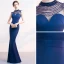 Chic / Belle Bleu Marine Robe De Soirée 2019 Trompette / Sirène Perlage Encolure Dégagée Sans Manches Longue Robe De Ceremonie