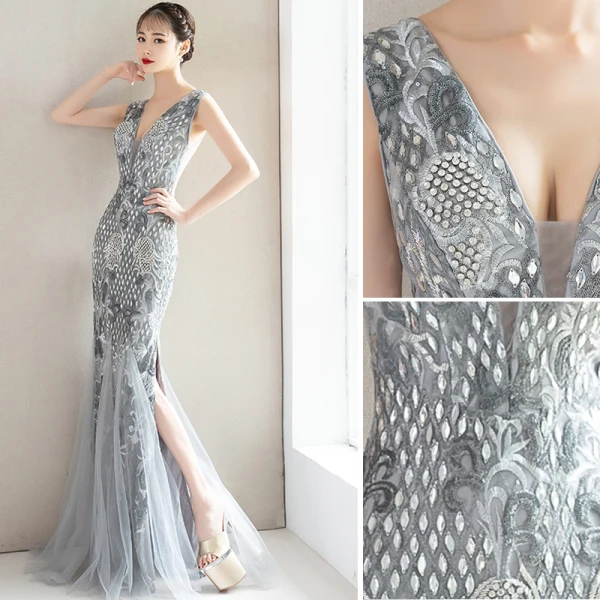 Charming Grey Evening Dresses 2019 Trumpet / Mermaid Lace Flower Crystal Sequins V-Neck Sleeveless Backless Floor-Length / Long Formal Dresses