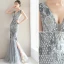 Charming Grey Evening Dresses  2019 Trumpet / Mermaid Lace Flower Crystal Sequins V-Neck Sleeveless Backless Floor-Length / Long Formal Dresses