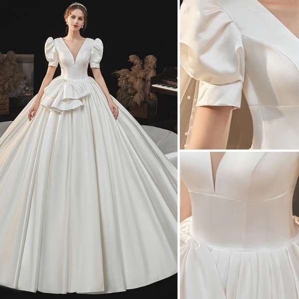 Victorian Style Ivory Satin Wedding Dresses 2021 Ball Gown Deep V-Neck Bell sleeves Backless Royal Train Wedding