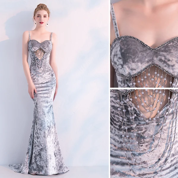 Sexy Argenté Robe De Soirée 2019 Trompette / Sirène Daim Perlage Perle Bretelles Spaghetti Sans Manches Dos Nu Train De Balayage Robe De Ceremonie