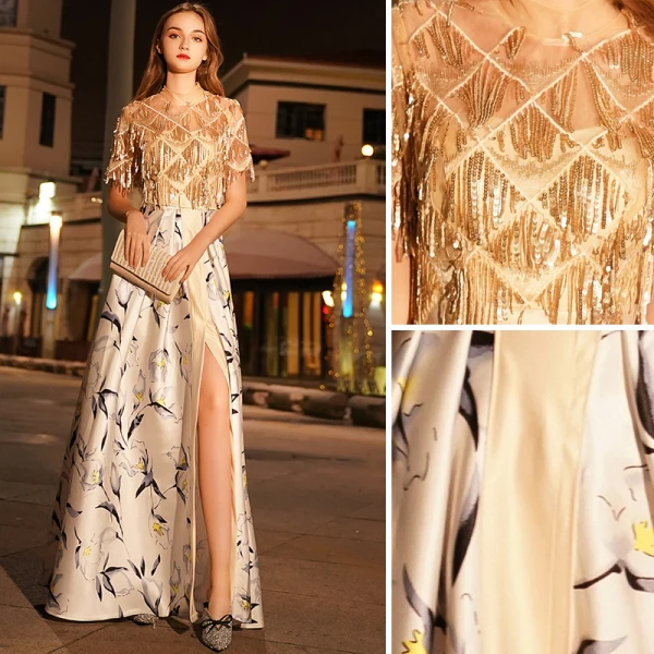 Elegante Gold Abendkleider 2019 A Linie Rundhalsausschnitt Perlenstickerei Pailletten Quaste Kurze Ärmel Gespaltete Front Drucken Lange Festliche Kleider