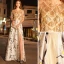 Elegante Gold Abendkleider 2019 A Linie Rundhalsausschnitt Perlenstickerei Pailletten Quaste Kurze Ärmel Gespaltete Front Drucken Lange Festliche Kleider