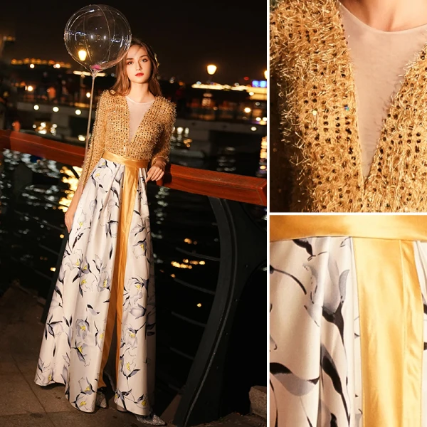 Elegant Gold Evening Dresses 2019 A-Line / Princess Tassel Scoop Neck Beading Sequins Long Sleeve Split Front Printing Floor-Length / Long Formal Dresses