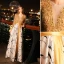Elegant Gold Evening Dresses  2019 A-Line / Princess Tassel Scoop Neck Beading Sequins Long Sleeve Split Front Printing Floor-Length / Long Formal Dresses
