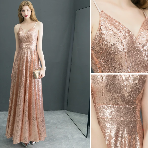Scintillantes Doré Robe De Soirée 2019 Princesse Glitter Paillettes Bretelles Spaghetti Sans Manches Dos Nu Longueur Cheville Robe De Ceremonie