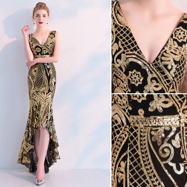 Charmant Noire Doré Robe De Soirée 2019 Trompette / Sirène Paillettes V-Cou Sans Manches Dos Nu Asymétrique Robe De Ceremonie