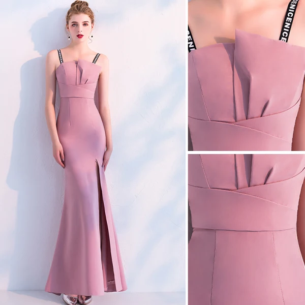 Schöne Pink Abendkleider 2019 Meerjungfrau Spaghettiträger Ärmellos Rückenfreies Gespaltete Front Knöchellänge Festliche Kleider