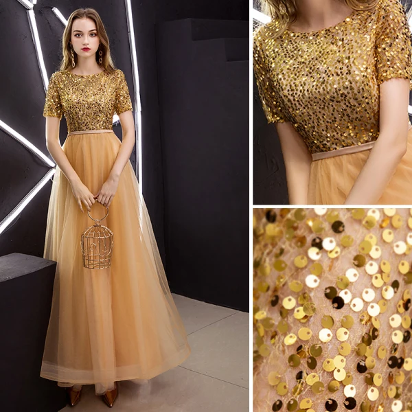 Elegant Gold Prom Dresses 2019 A-Line / Princess Scoop Neck Sequined Short Sleeve Ankle Length Formal Dresses