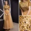 Elegant Gold Prom Dresses 2019 A-Line / Princess Scoop Neck Sequined Short Sleeve Ankle Length Formal Dresses