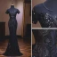 Elegante Schwarz Abendkleider 2019 Meerjungfrau Rundhalsausschnitt Perlenstickerei Pailletten Kurze Ärmel Rückenfreies Sweep / Pinsel Zug Festliche Kleider