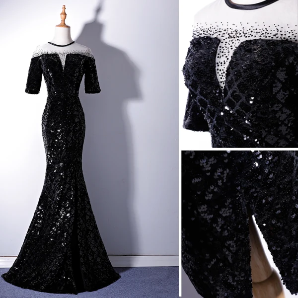 Chic / Beautiful Black Evening Dresses 2019 Trumpet / Mermaid Scoop Neck Lace Beading Sequins 1/2 Sleeves Floor-Length / Long Formal Dresses