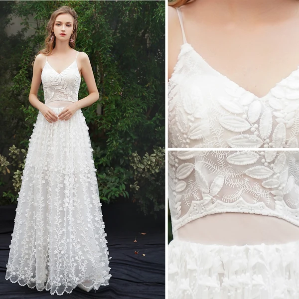 Moderne / Mode Ivoire Plage Robe De Soirée 2019 Princesse Bretelles Spaghetti Appliques Sans Manches Dos Nu Longue Robe De Ceremonie