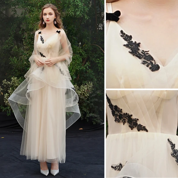 Élégant Champagne Robe De Soirée 2019 Princesse Bretelles Spaghetti En Dentelle Appliques Sans Manches Dos Nu Longueur Cheville Robe De Ceremonie