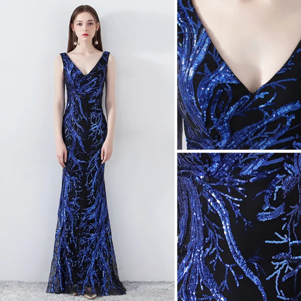 Chic / Belle Bleu Roi Robe De Soirée 2019 Trompette / Sirène V-Cou Sans Manches Paillettes Dos Nu Longue Robe De Ceremonie